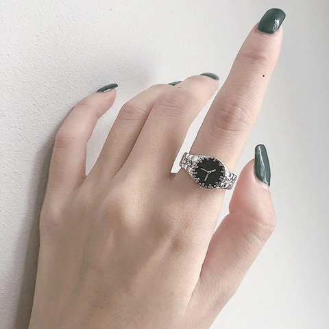 Watch Shape Ring Copper With White Zirconia Adjustable Creative Vintage Style Unisex Dial Finger Jewelry Silver Color