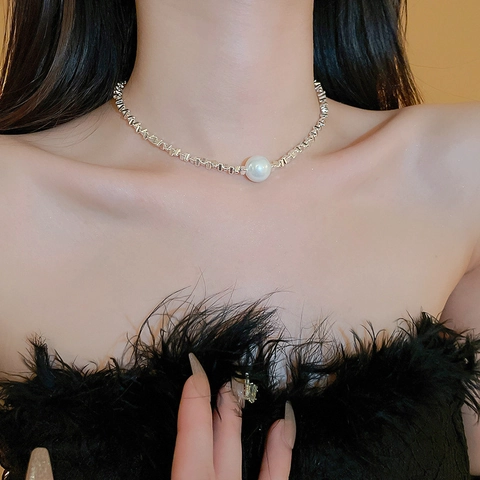 Collar Choker Minimalista Moderno Cobre Con Perla Artificial De Imitación Grande Cadena De Eslabones Geométricos Irregulares Mujer