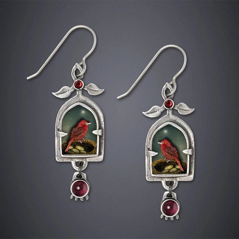 Vintage Alloy Dangle Earrings With Artistic Cat Floral Bird Patterns And Synthetic Gemstones Retro Jewelry For Women