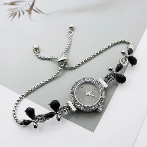 Elegante Orologio a Bracciale con Fiori e Strass per Donna Orologio al Quarzo in Lega e Acciaio Inossidabile con Design a Foglia