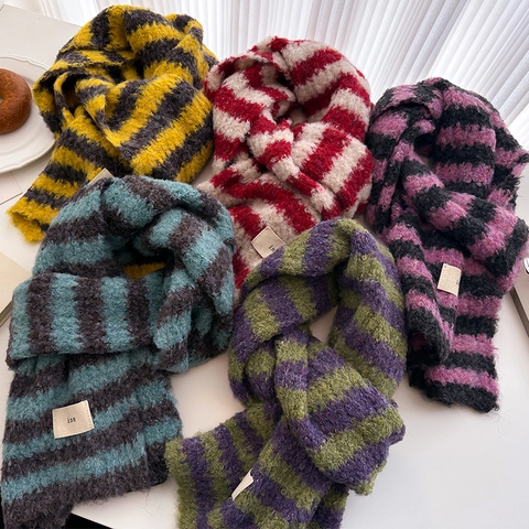 Écharpe Rayée En Tricot Mélange De Laine Chaude Épaisse Hiver Cache-Col Rétro Décontracté Patchwork Doux Pour Femmes Access