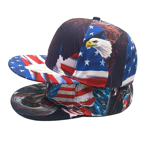 Casquette Snapback Drapeau Américain Aigle Polyester Bord Plat Imprimé Moto Hip Hop Baseball Pour Streetwear