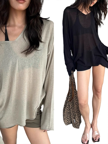 Top De Punto Holgado Con Cuello En V Para Mujer Transparente Ligero Manga Larga Vacaciones Protección Solar Casual
