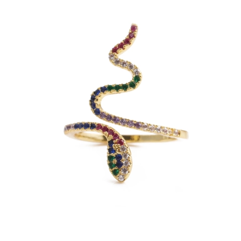 Snake Ring For Women Copper Spiraled Serpent Adjustable Open Design Colorful Zircon Pave Chic Animal Jewelry