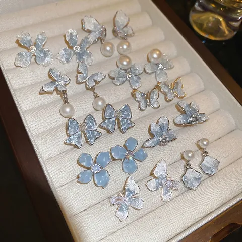 Boucles D'oreilles Puces Papillon Fleur Künstliche Perle Avec Tige En Argent Sterling 925 Cristal Dégradé Bleu Vintage Élégant Pour Femme