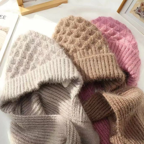Women Integrated Hooded Scarf Hat Knitted Wool Plush Fleece Lined Thickened Warm Windproof Winter Outdoor Balaclava