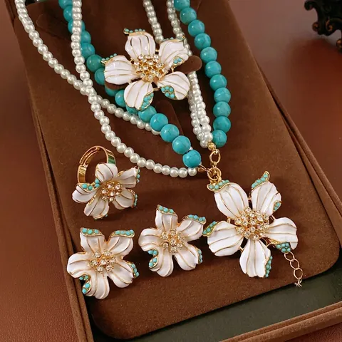 Flower Jewelry Alloy Enamel Rhinestone Faux Artificial Pearl Turquoise Beads Necklace Earrings Silver Earring Post Ring Brooch