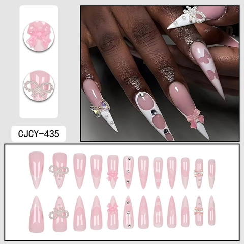 Uñas Postizas Largas Stiletto Rosa French Lazo Perla Artificial Diamante De Imitación 3D Mariposa Moda Dulce Uñas