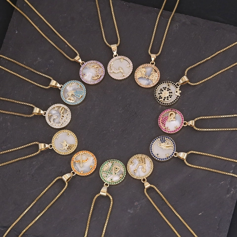Zodiac Constellation Pendant Necklace Copper Shell Cubic Zirconia Colorful 18K Gold Plated Jewelry Gift For Women