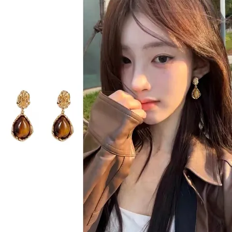 Retro Geometric Stud Earrings With Tiger Eye Stone And 925 Sterling Silver Earring Post Gold Plated French Style Women
