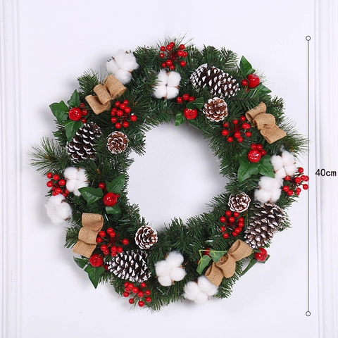 Christmas Wreath Artificial Pine Needle Pine Cone Red Berry Cotton Linen Bow Rustic Festive Home Wall Door Decor