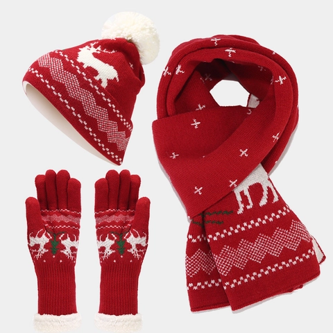 Cappello Sciarpa E Guanti In Maglia Renna Fiocco Di Neve Nordico Natale Caldo Spesso Acrilico Inverno Accessorio Esterno