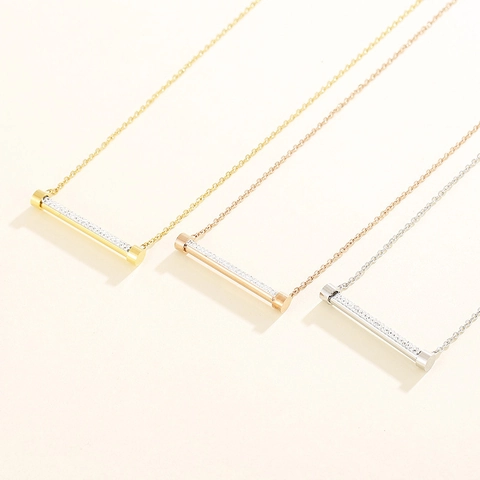 Collar Con Colgante De Barra Para Mujer Acero Inoxidable 316L Circonita Incrustada Joyería Geométrica