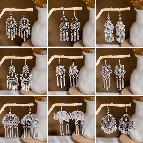 Retro Ethnic Bohemian Zinc Alloy Tassel Drop Earrings With Stainless Steel Earring Post Vintage Hollow Out Dangle Jewelry