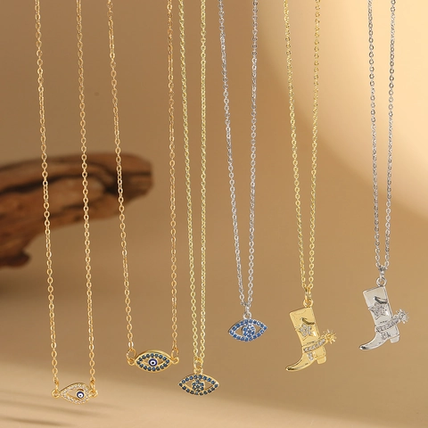 Evil Eye Cowboy Boot Anhänger Halskette Kupfer Zirkon Eingelegt Gold Silber Plattiert Retro Minimalistischer Schmuck Damen
