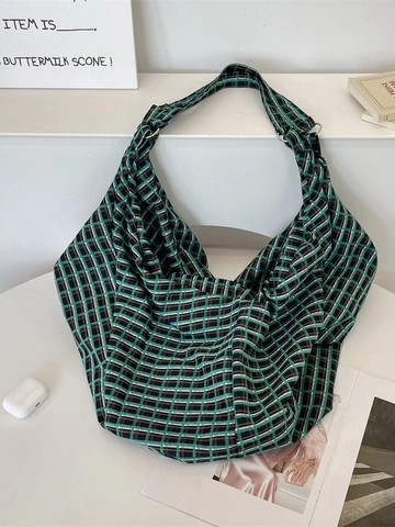 Große Karierte Tragetasche Canvas Stoff Schultertasche Hobo Handtasche Lässiger Retro Stil Damen