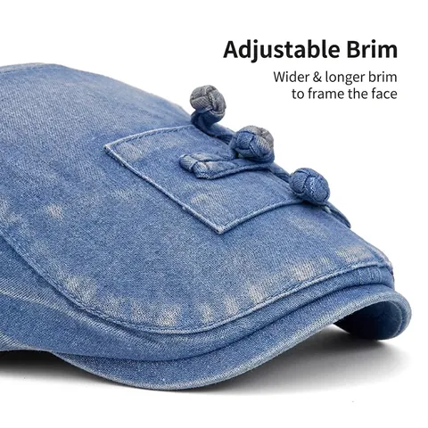 Gewassen Denim Platte Pet Met Chinese Knopen Verstelbare Retro Ivy Muts Voor Heren En Dames Mode