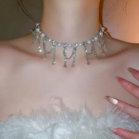 Elegant Flower Artificial Pearl Tassel Choker Necklace Vintage Rhinestone Iron Metal Wedding Party Jewelry For Women