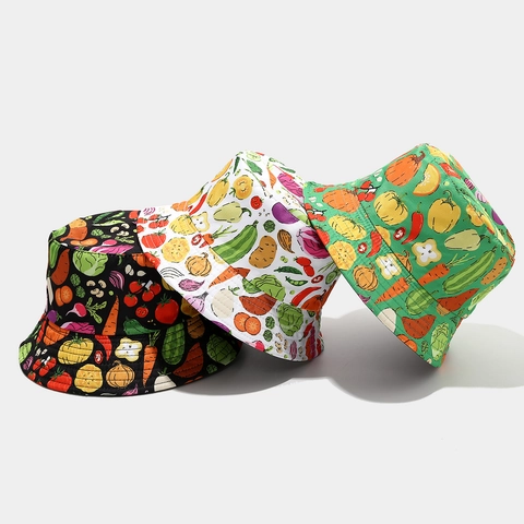 Fruit Vegetable Pattern All-over Print Reversible Bucket Hat Sun Protection Outdoor Leisure Travel Polyester Sun Hat