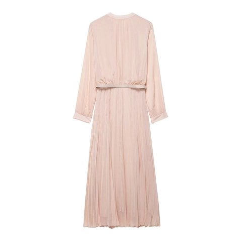 Chiffon Pleated Midi Dress Long Sleeve With Belt Solid Color Button Front Elegant Office Lady Streetwear Pink