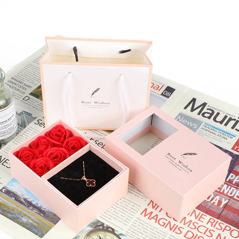 Jewelry Gift Box Soap Rose Flower Layered Drawer Case Including Handbag And Card For Romantic Proposal Anniversary