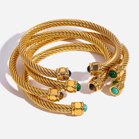 Twisted Cable Open Bangle Armband Roestvrij Staal Natuursteen Inleg Vintage Vergulde Sieraden Voor Dames