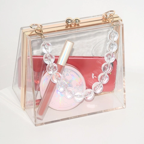 Transparent Acrylic Evening Clutch Bag With Gold Metal Frame And Bead Handle Trapezoid Handbag For Women Party