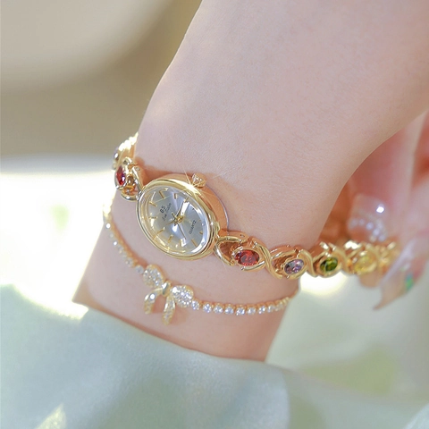 Luxury Women Quartz Watch Oval Dial Alloy Strap With Colorful Gemstone Inlay Elegant Fashion Analog Wristwatch For Lady