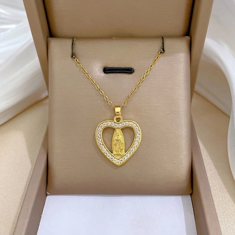 Collana Con Pendente A Cuore Vergine Maria Oro Acciaio Al Titanio Rame Micro Intarsiato Zircone Gioielli Religiosi