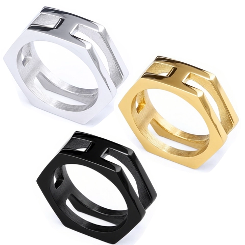 Anillo A Fascia Esagonale Da Uomo Acciaio Inossidabile Design Geometrico Irregolare Intagliato Stile Industriale Minimalista Gioielli