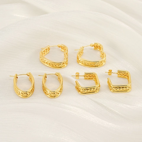 Stainless Steel Wheat Ear Texture Hoop Earrings Vintage Gold Plated Heart Geometric Shape For Women Elegant Jewelry