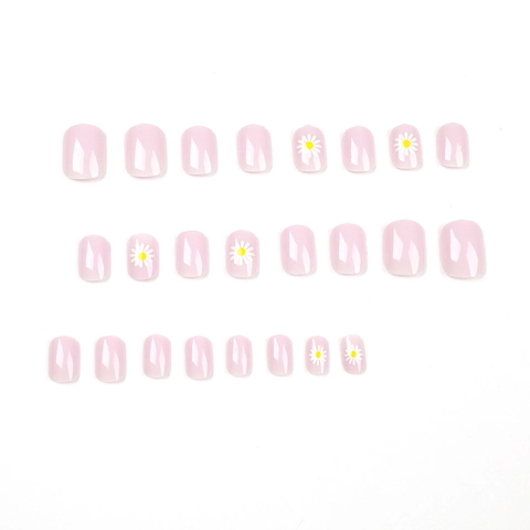 Kunstnagels Press On Glanzend Lichtpaars Wit Madeliefje Bloemenpatroon Korte Ronde Vorm DIY Manicure Elegant Minimalistisch