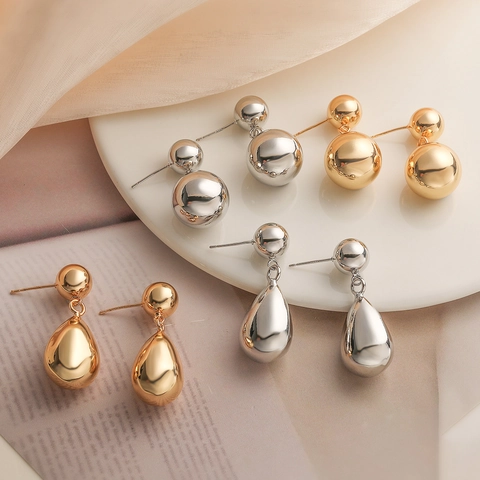Orecchini Pendenti Geometrici Minimalisti Rame Placcato Oro Argento Doppia Sfera Goccia Gioielli Eleganti Donna