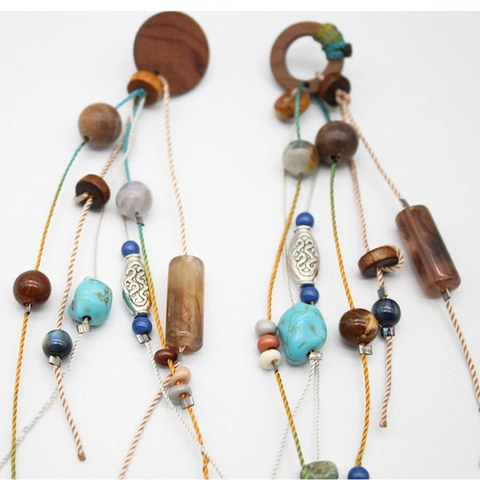Böhmische Lange Quastenohrringe Holzperlen Natursteine Perlen Ethno Vintage Schmuck Mit Silberohrringstiften