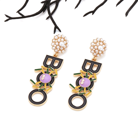 Pendientes de Gota de Araña de Halloween Góticos BOO Letra Pendientes Colgantes para Mujer Aleación Perla Artificial