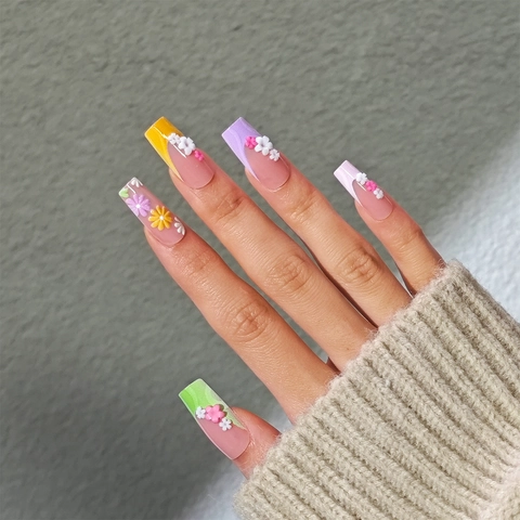 Press On Nails Macaron Colorful With 3D Flower French Style Long Square Artificial False Fingers For Women