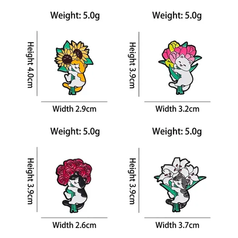 Cute Cartoon Cat Holding Flower Enamel Brooch Pin Alloy Sunflower Rose Lily Tulip Badge For Clothes Bag Decoration Jewelry