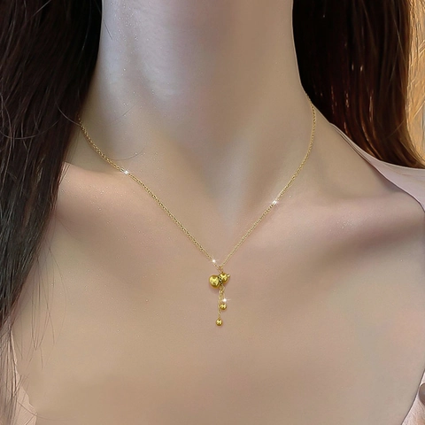 Titanium Steel Gourd Pendant Necklace For Women Lucky Blessing Tassel Clavicle Chain Gold Plated Elegant Jewelry