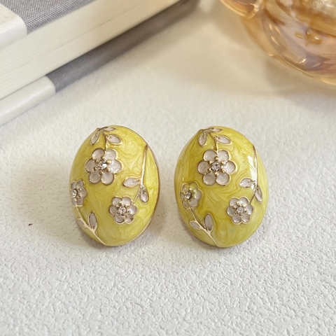 Palace Vintage Oval Enamel Stud Earrings With 925 Sterling Silver Earring Post Zinc Alloy Floral Rhinestone Jewelry For Women