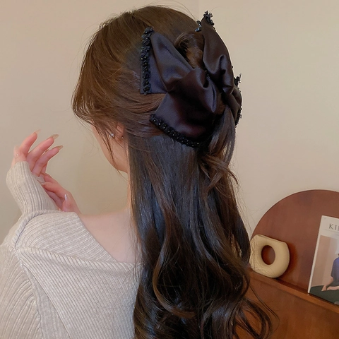 Large Bow Hair Claw Clip Vintage Satin Fabric With Crystal Beaded Edge Acrylic Elegant Hairpin For Women