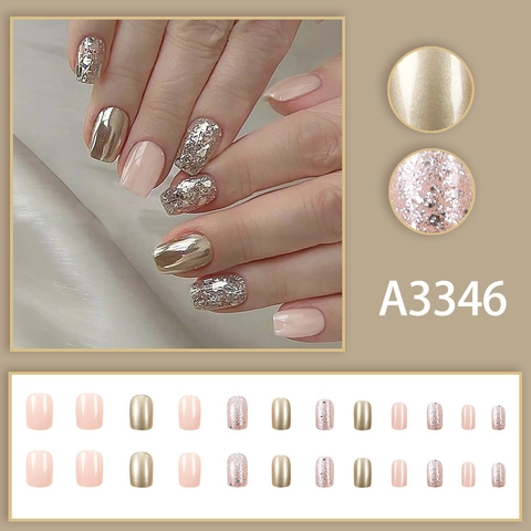 Press On Nails Short Square Champagne Gold Metallic Pink Glitter Nude Pink Glossy Artificial Fake Nails