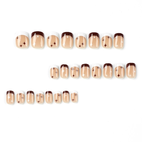 Uñas Postizas French Tip Marrón Y Blanco Patrón De Estrellas Cuadradas Cortas Manicura Artificial Para Mujeres
