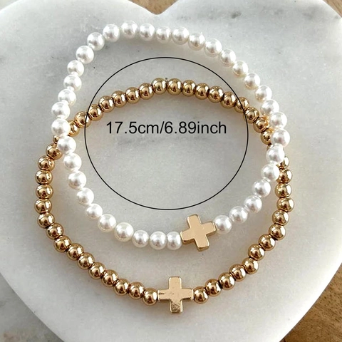 Bracciale Con Perline Pendente Croce Moda Perline Di Rame Imitazione Perla Artificial Ematite Elastico Stratificato Gioielli Donne