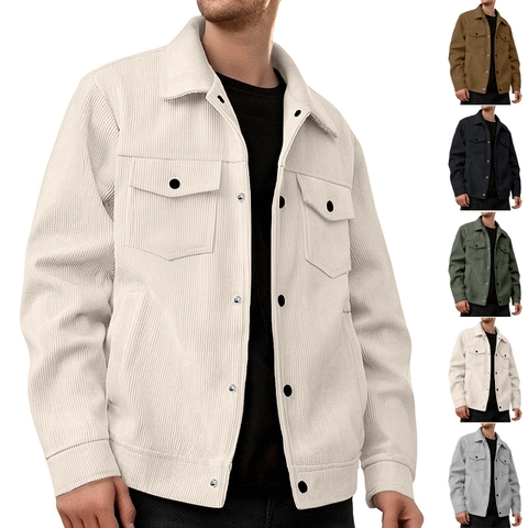 Men Corduroy Jacket Long Sleeve Single Breasted Lapel Outerwear Casual Retro Style With Pockets Solid Color
