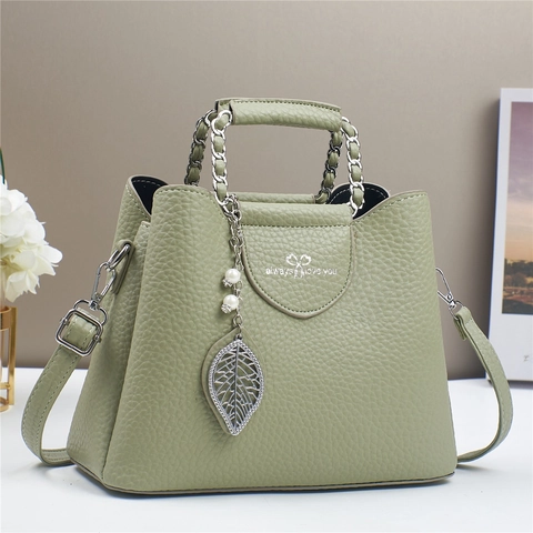 Elegante Borsa A Mano In Pelle PU Con Grana Litchi Manico A Catena Pendente Foglia E Perla Artificial Borsa A Tracolla Versatile Quotidiana