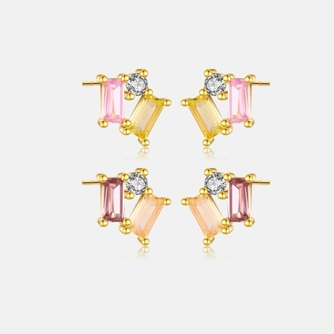 Elegant 925 Sterling Silver Geometric Rhinestone Stud Earrings 18K Gold Plated Minimalist Champagne Pink Women Jewelry