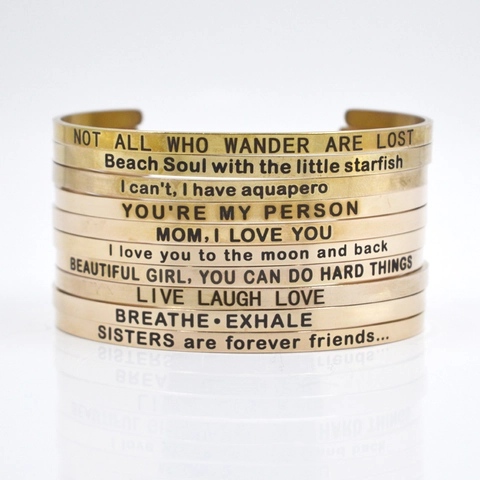 Minimalist Stainless Steel Engraved Cuff Bracelet For Women Rose Gold Inspirational Quotes Mantra C Shape Open Bangle Jewelry