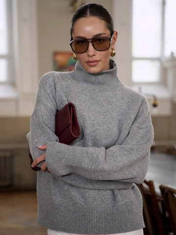 Pull En Maille À Col Roulé Pour Femmes Coupe Décontractée Mélange Coton Polyester Manches Longues Chaud Automne Hiver Gris