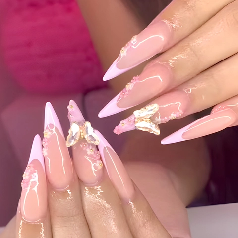 Uñas Postizas A Presión Francesas Rosa Stiletto Con Decoración 3D Mariposa Flor Diamante De Imitación Reutilizables Largas Puntiagudas