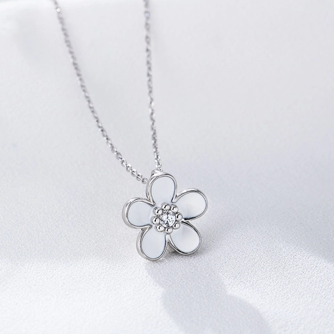 925 Sterling Silver Enamel Flower Pendant Necklace For Women Inlaid Rhinestone Minimalist Clavicle Chain Gold Silver Plated Jewelry